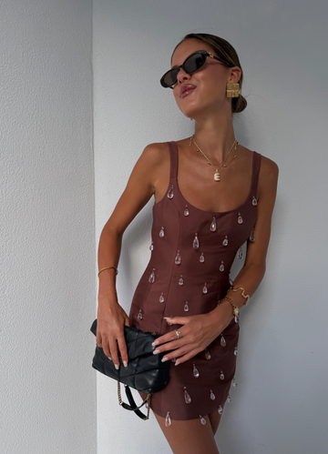 Cute Sheath Straps Crystal Brown Satin Short Homecoming Dress Outfits HZ1023